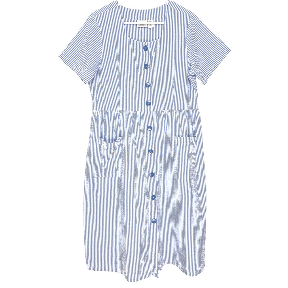 Vermont Country Store Cotton Seersucker Dress Blue White Stripe Button Front L - Picture 3 of 10